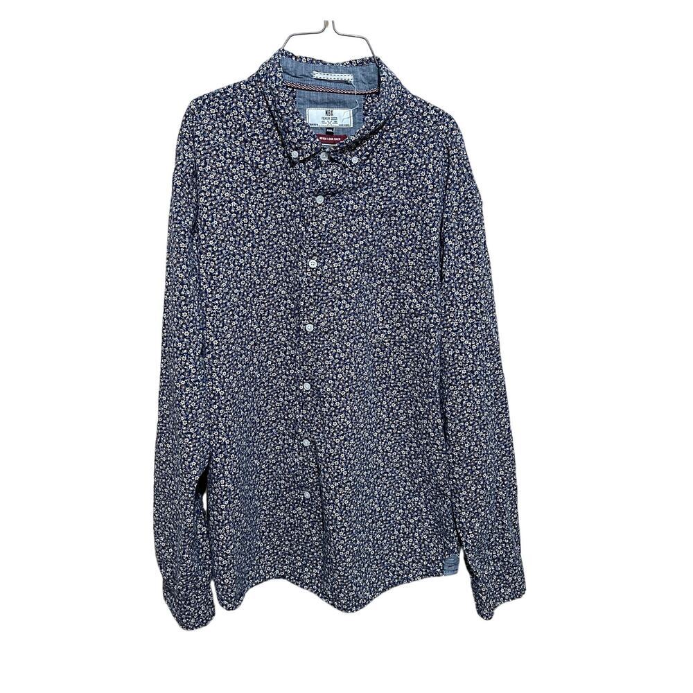 MBX Men's Button Down Casual Shirt Floral‎ Navy Tan Button Collar Pocket XXL